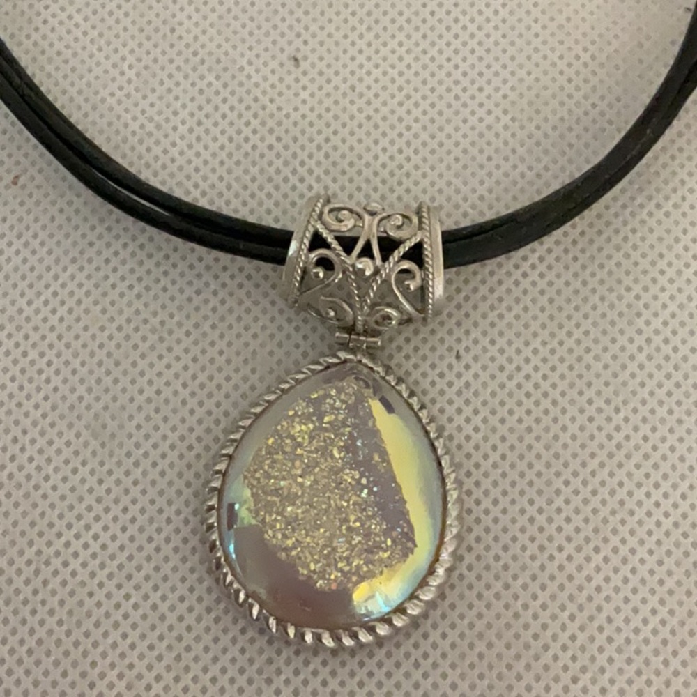 Sterling Silver Teardrop Stone Pendant on Cord Necklace, Black/Silver - Picture 2 of 5